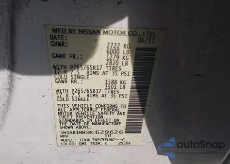 2011 Nissan Pathfinder Sv z USA, uszkodzony, nr VIN 5N1AR1NN5BC629626